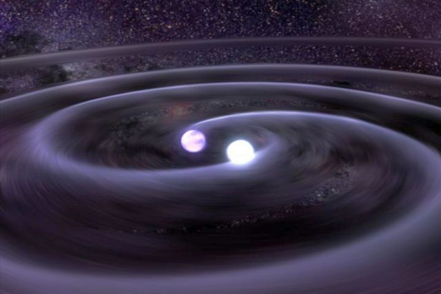 Chandra data (above, graph) on J0806 show that its X-rays vary with a period of 321.5 seconds, or slightly more than five minutes.  This implies that the X-ray source is a binary star system where two white dwarf stars are orbiting each other (above, illustration) only 50,000 miles apart, making it one of the smallest known binary orbits in the Galaxy.  According to Einstein's General Theory of Relativity, such a system should produce gravitational waves - ripples in space-time - that carry energy away from the system and cause the stars to move closer together.  X-ray and optical observations indicate that the orbital period of this system is decreasing by 1.2 milliseconds every year, which means that the stars are moving closer at a rate of 2 feet per year.